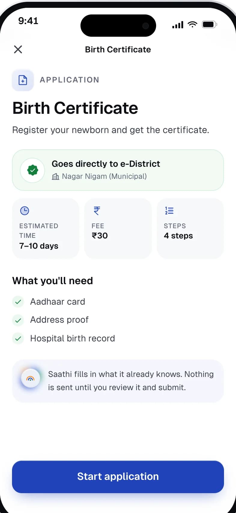 Saathi — Apply — time, fee, steps and documents stated before starting