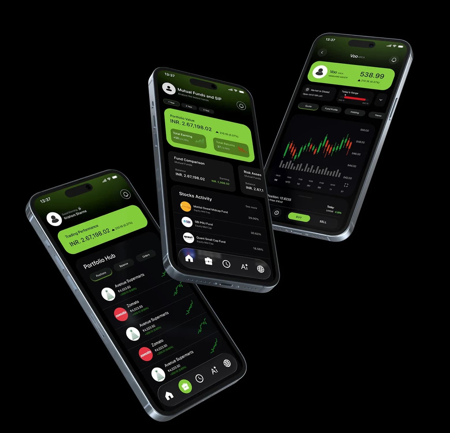 TradeX — Portfolio hub, mutual funds and SIP, and instrument detail with buy and sell
